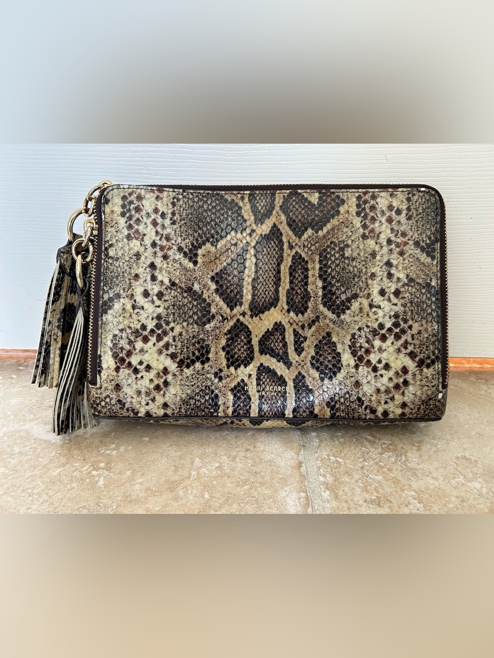 henri bendel Snake-Print Reptile Pouch in Brown and Cream